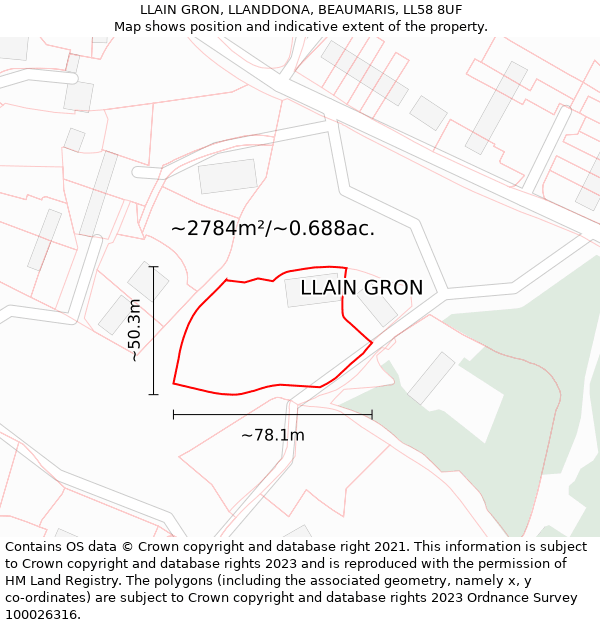 LLAIN GRON, LLANDDONA, BEAUMARIS, LL58 8UF: Plot and title map