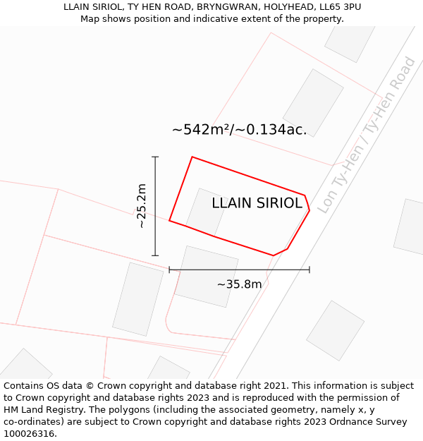 LLAIN SIRIOL, TY HEN ROAD, BRYNGWRAN, HOLYHEAD, LL65 3PU: Plot and title map