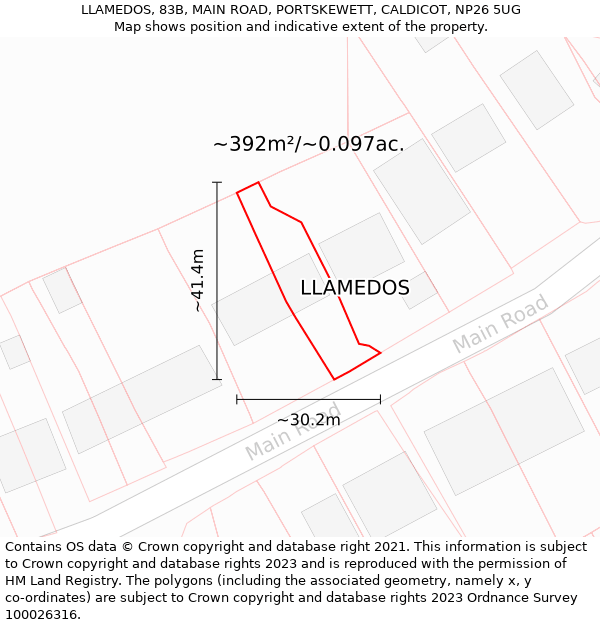 LLAMEDOS, 83B, MAIN ROAD, PORTSKEWETT, CALDICOT, NP26 5UG: Plot and title map