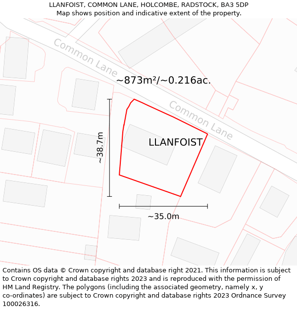 LLANFOIST, COMMON LANE, HOLCOMBE, RADSTOCK, BA3 5DP: Plot and title map