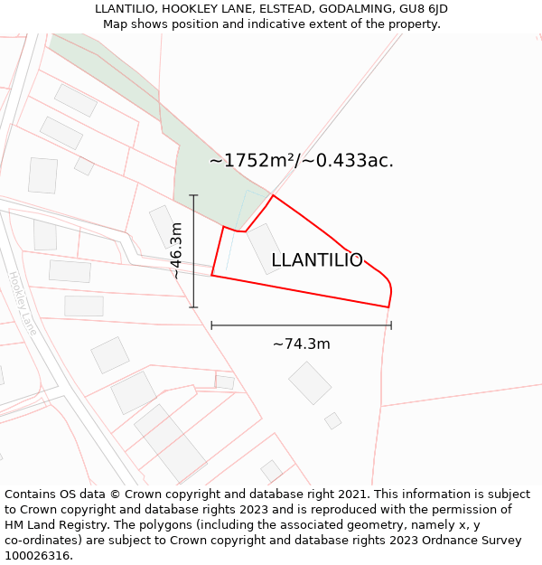 LLANTILIO, HOOKLEY LANE, ELSTEAD, GODALMING, GU8 6JD: Plot and title map