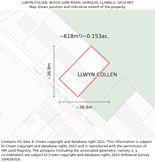 LLWYN COLLEN, BLACK LION ROAD, GORSLAS, LLANELLI, SA14 6RT: Plot and title map