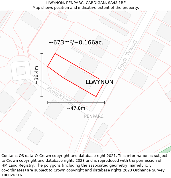 LLWYNON, PENPARC, CARDIGAN, SA43 1RE: Plot and title map