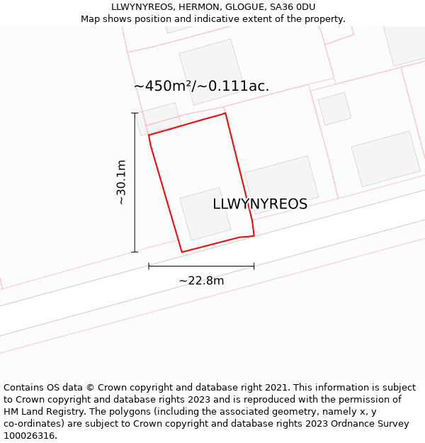 LLWYNYREOS, HERMON, GLOGUE, SA36 0DU: Plot and title map