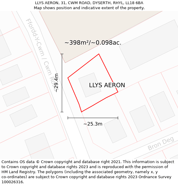 LLYS AERON, 31, CWM ROAD, DYSERTH, RHYL, LL18 6BA: Plot and title map