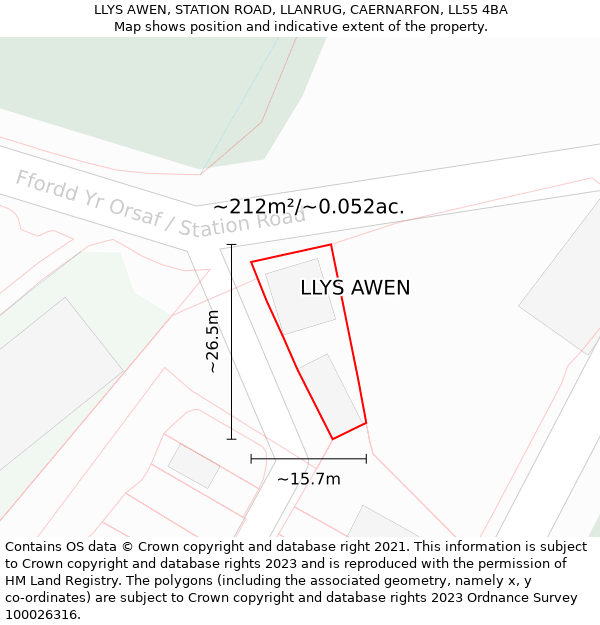 LLYS AWEN, STATION ROAD, LLANRUG, CAERNARFON, LL55 4BA: Plot and title map