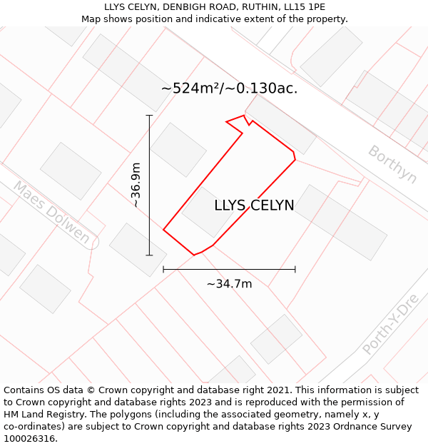 LLYS CELYN, DENBIGH ROAD, RUTHIN, LL15 1PE: Plot and title map