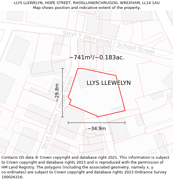 LLYS LLEWELYN, HOPE STREET, RHOSLLANERCHRUGOG, WREXHAM, LL14 1AU: Plot and title map