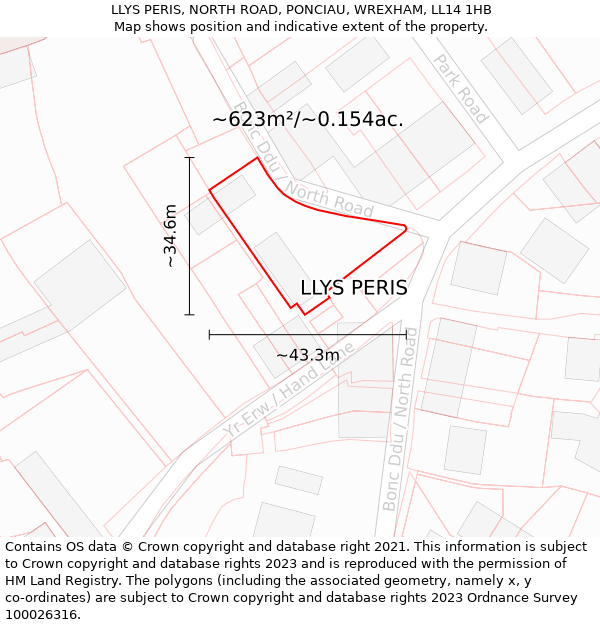 LLYS PERIS, NORTH ROAD, PONCIAU, WREXHAM, LL14 1HB: Plot and title map