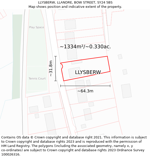 LLYSBERW, LLANDRE, BOW STREET, SY24 5BS: Plot and title map