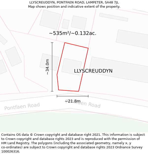 LLYSCREUDDYN, PONTFAEN ROAD, LAMPETER, SA48 7JL: Plot and title map