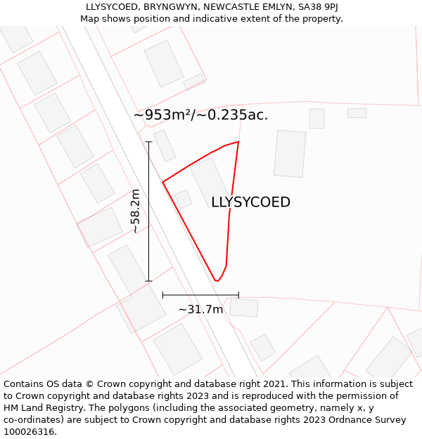 LLYSYCOED, BRYNGWYN, NEWCASTLE EMLYN, SA38 9PJ: Plot and title map