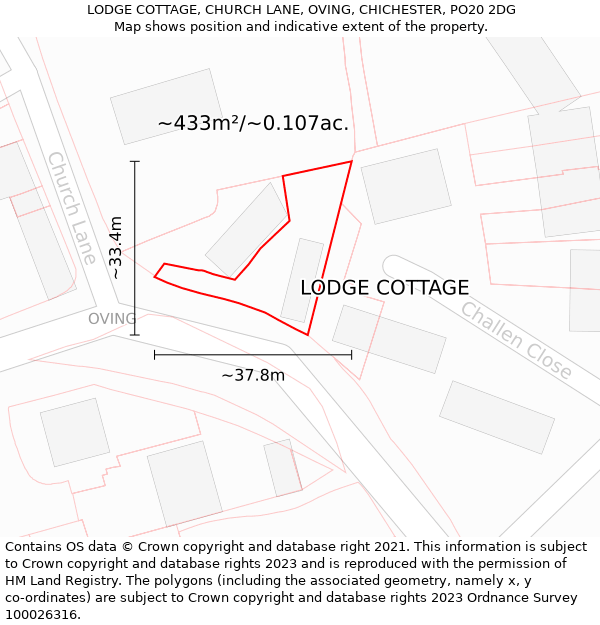 LODGE COTTAGE, CHURCH LANE, OVING, CHICHESTER, PO20 2DG: Plot and title map