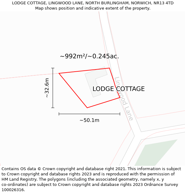 LODGE COTTAGE, LINGWOOD LANE, NORTH BURLINGHAM, NORWICH, NR13 4TD: Plot and title map