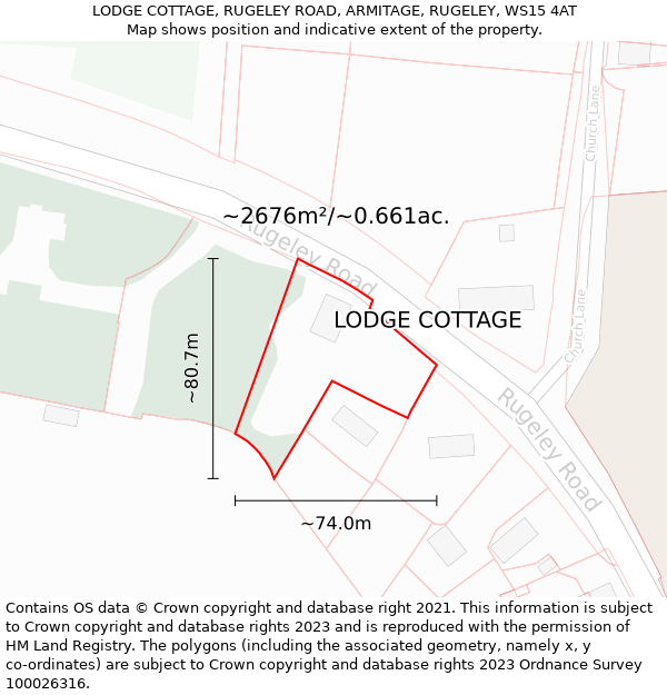 LODGE COTTAGE, RUGELEY ROAD, ARMITAGE, RUGELEY, WS15 4AT: Plot and title map