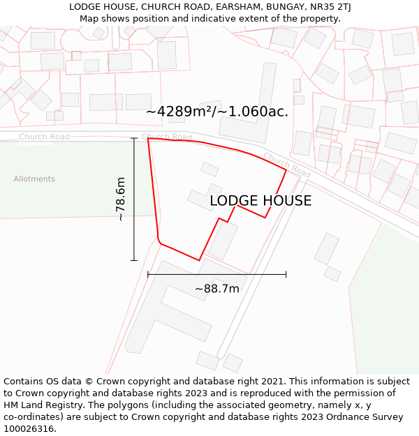 LODGE HOUSE, CHURCH ROAD, EARSHAM, BUNGAY, NR35 2TJ: Plot and title map