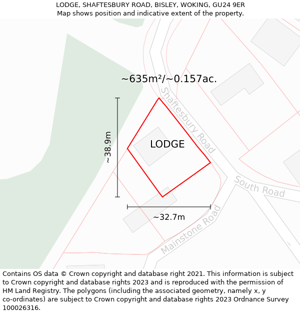 LODGE, SHAFTESBURY ROAD, BISLEY, WOKING, GU24 9ER: Plot and title map