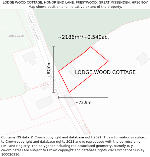 LODGE WOOD COTTAGE, HONOR END LANE, PRESTWOOD, GREAT MISSENDEN, HP16 9QY: Plot and title map
