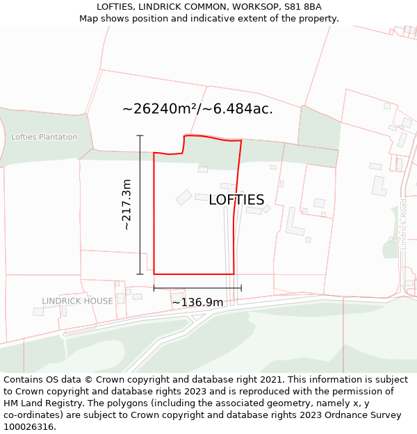 LOFTIES, LINDRICK COMMON, WORKSOP, S81 8BA: Plot and title map