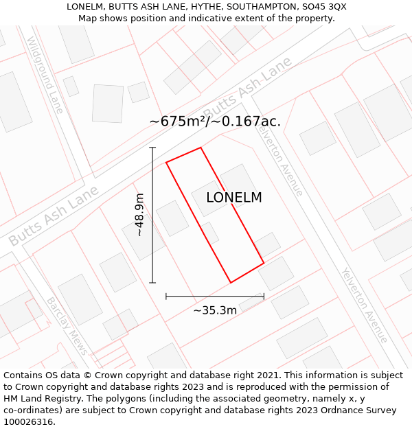 LONELM, BUTTS ASH LANE, HYTHE, SOUTHAMPTON, SO45 3QX: Plot and title map