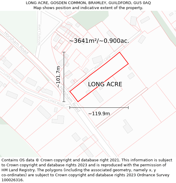 LONG ACRE, GOSDEN COMMON, BRAMLEY, GUILDFORD, GU5 0AQ: Plot and title map