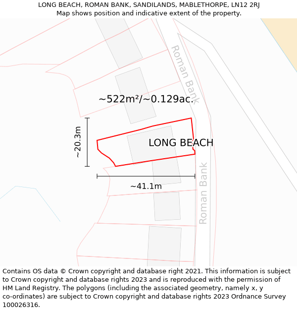 LONG BEACH, ROMAN BANK, SANDILANDS, MABLETHORPE, LN12 2RJ: Plot and title map