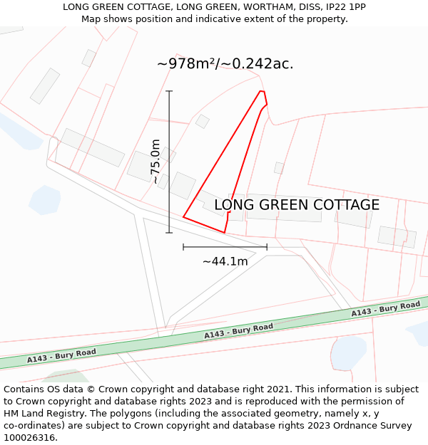 LONG GREEN COTTAGE, LONG GREEN, WORTHAM, DISS, IP22 1PP: Plot and title map