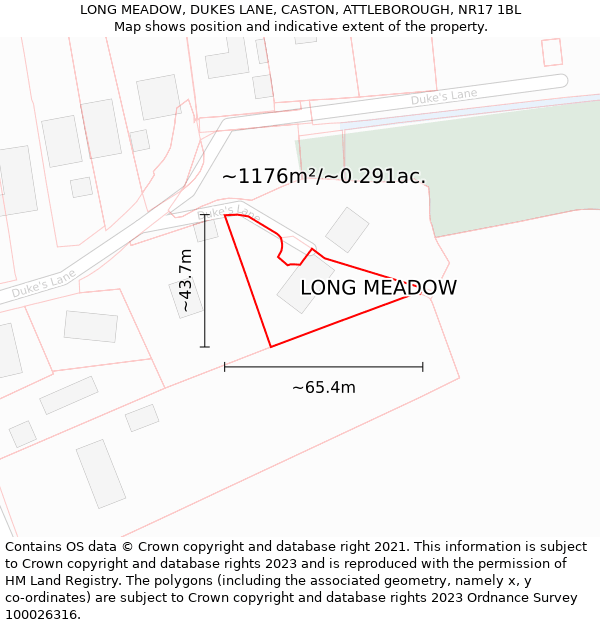 LONG MEADOW, DUKES LANE, CASTON, ATTLEBOROUGH, NR17 1BL: Plot and title map