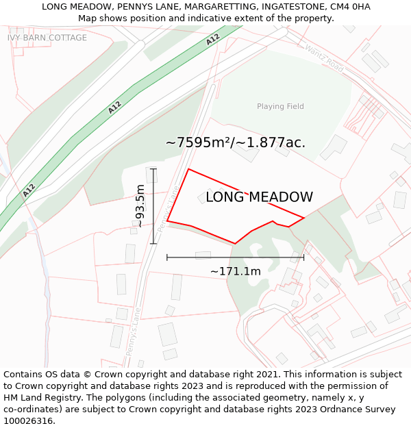 LONG MEADOW, PENNYS LANE, MARGARETTING, INGATESTONE, CM4 0HA: Plot and title map