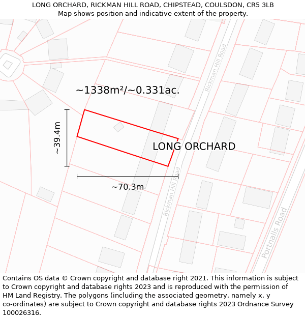 LONG ORCHARD, RICKMAN HILL ROAD, CHIPSTEAD, COULSDON, CR5 3LB: Plot and title map