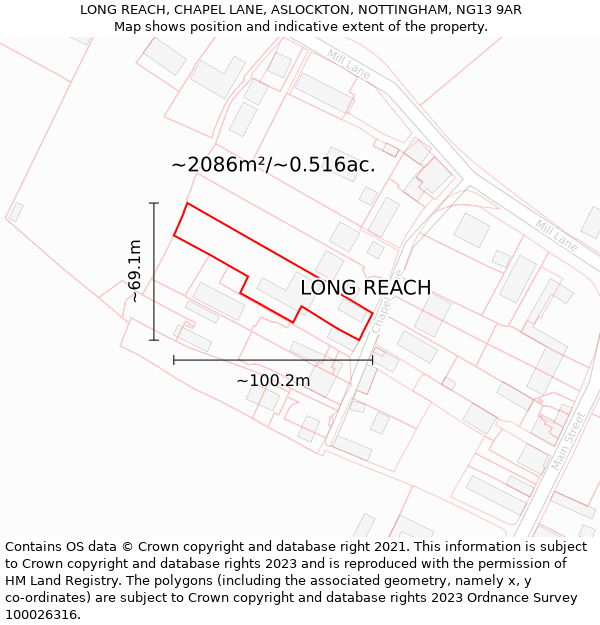 LONG REACH, CHAPEL LANE, ASLOCKTON, NOTTINGHAM, NG13 9AR: Plot and title map