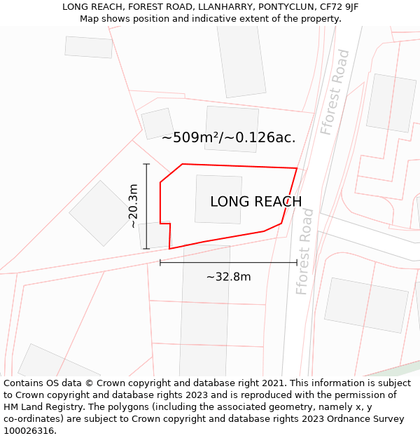 LONG REACH, FOREST ROAD, LLANHARRY, PONTYCLUN, CF72 9JF: Plot and title map