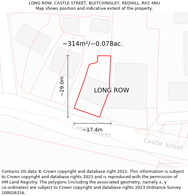 LONG ROW, CASTLE STREET, BLETCHINGLEY, REDHILL, RH1 4NU: Plot and title map