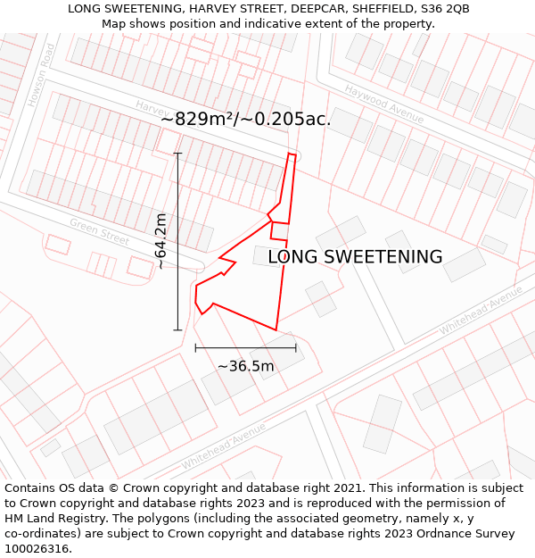 LONG SWEETENING, HARVEY STREET, DEEPCAR, SHEFFIELD, S36 2QB: Plot and title map