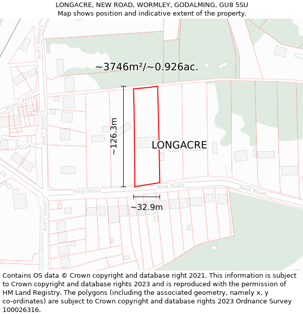 LONGACRE, NEW ROAD, WORMLEY, GODALMING, GU8 5SU: Plot and title map