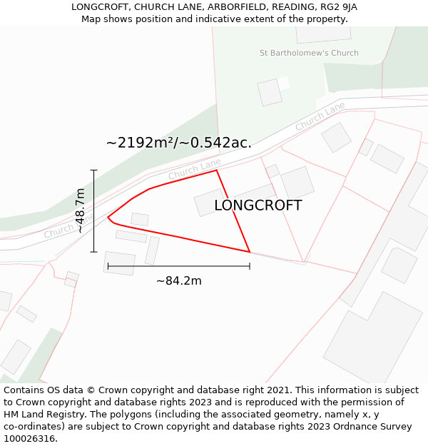 LONGCROFT, CHURCH LANE, ARBORFIELD, READING, RG2 9JA: Plot and title map