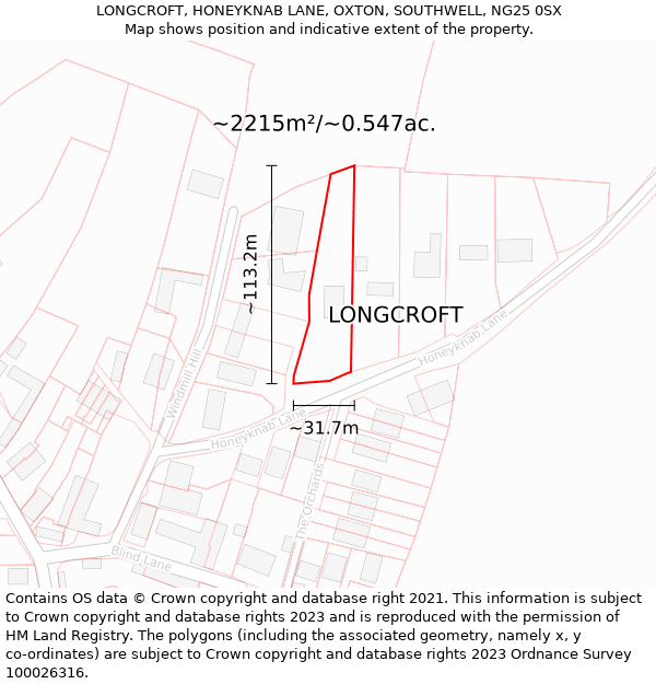 LONGCROFT, HONEYKNAB LANE, OXTON, SOUTHWELL, NG25 0SX: Plot and title map