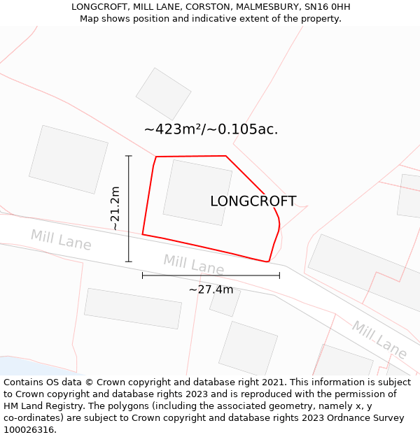 LONGCROFT, MILL LANE, CORSTON, MALMESBURY, SN16 0HH: Plot and title map