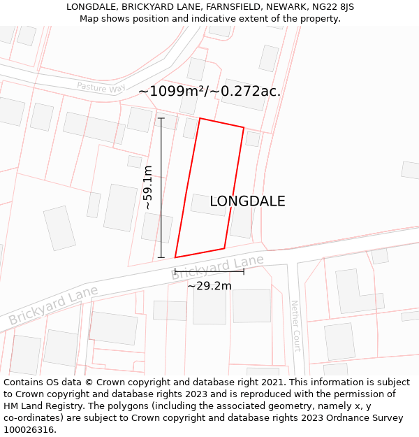 LONGDALE, BRICKYARD LANE, FARNSFIELD, NEWARK, NG22 8JS: Plot and title map