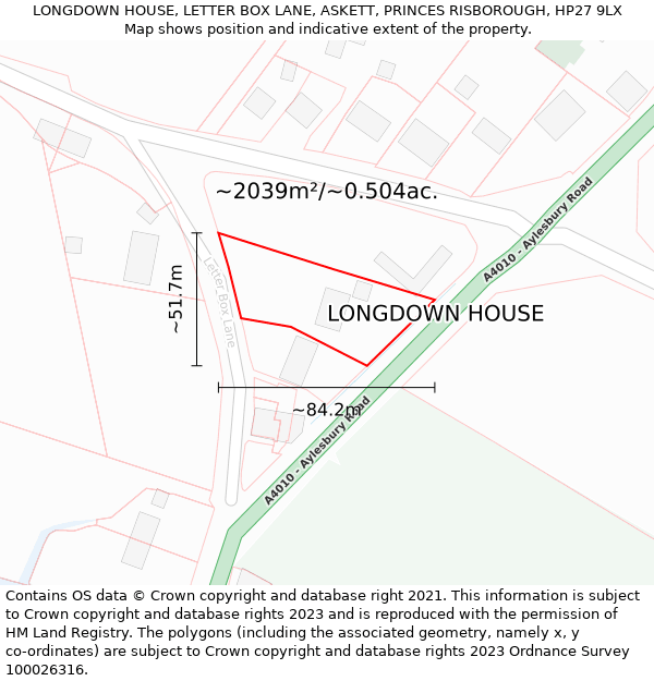 LONGDOWN HOUSE, LETTER BOX LANE, ASKETT, PRINCES RISBOROUGH, HP27 9LX: Plot and title map
