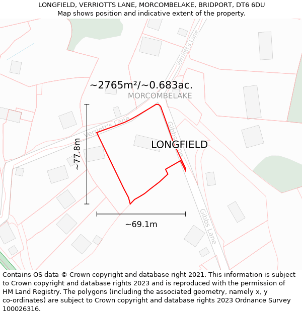 LONGFIELD, VERRIOTTS LANE, MORCOMBELAKE, BRIDPORT, DT6 6DU: Plot and title map