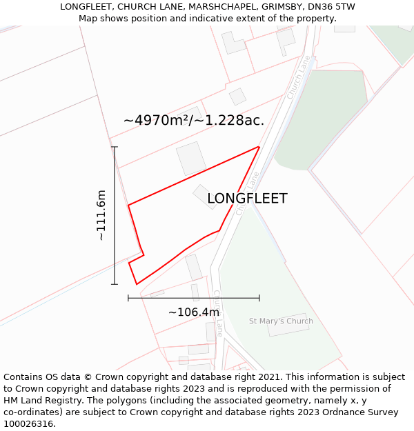 LONGFLEET, CHURCH LANE, MARSHCHAPEL, GRIMSBY, DN36 5TW: Plot and title map