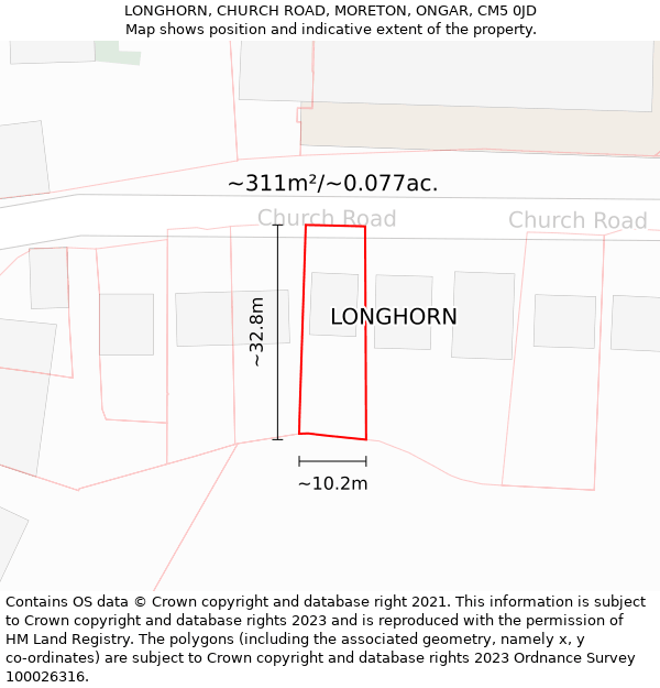 LONGHORN, CHURCH ROAD, MORETON, ONGAR, CM5 0JD: Plot and title map
