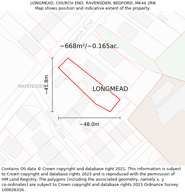 LONGMEAD, CHURCH END, RAVENSDEN, BEDFORD, MK44 2RN: Plot and title map