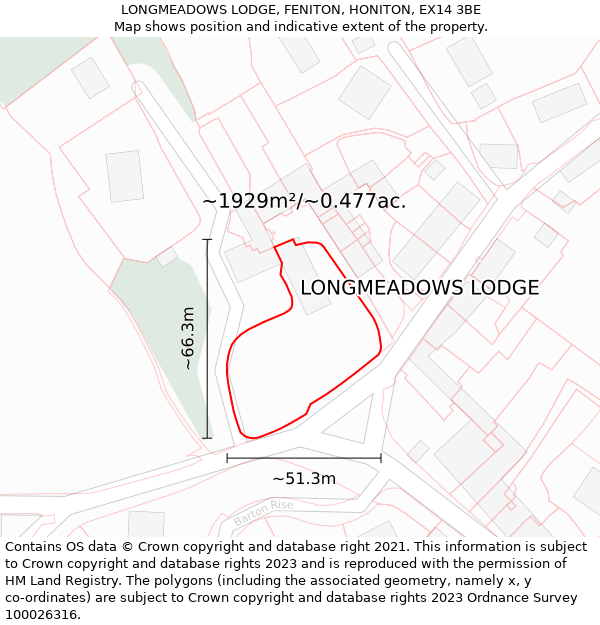 LONGMEADOWS LODGE, FENITON, HONITON, EX14 3BE: Plot and title map