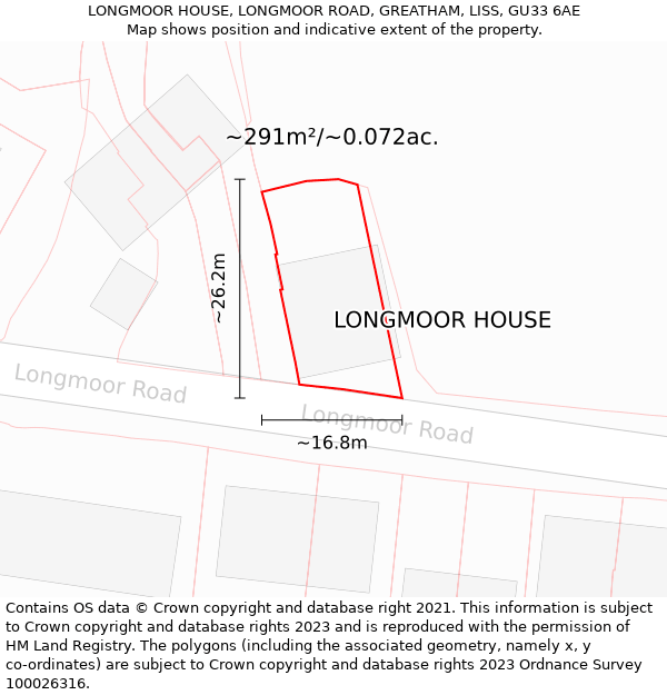 LONGMOOR HOUSE, LONGMOOR ROAD, GREATHAM, LISS, GU33 6AE: Plot and title map