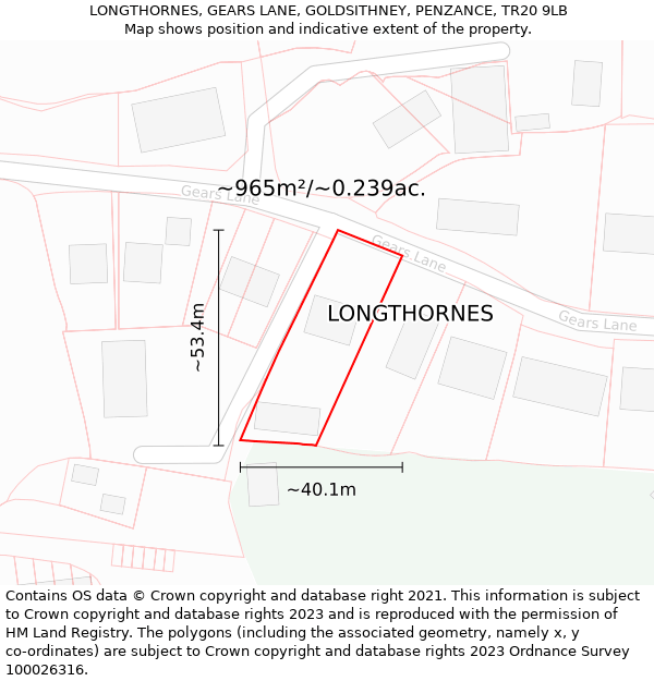 LONGTHORNES, GEARS LANE, GOLDSITHNEY, PENZANCE, TR20 9LB: Plot and title map