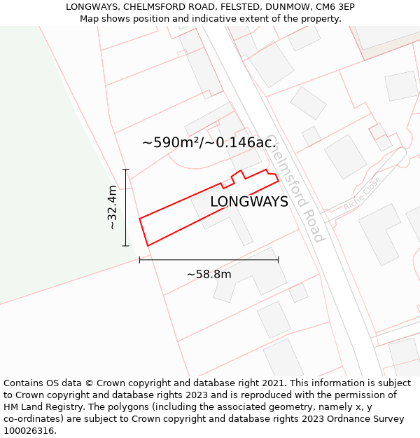 LONGWAYS, CHELMSFORD ROAD, FELSTED, DUNMOW, CM6 3EP: Plot and title map