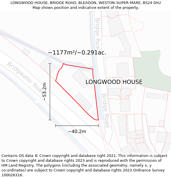 LONGWOOD HOUSE, BRIDGE ROAD, BLEADON, WESTON-SUPER-MARE, BS24 0AU: Plot and title map