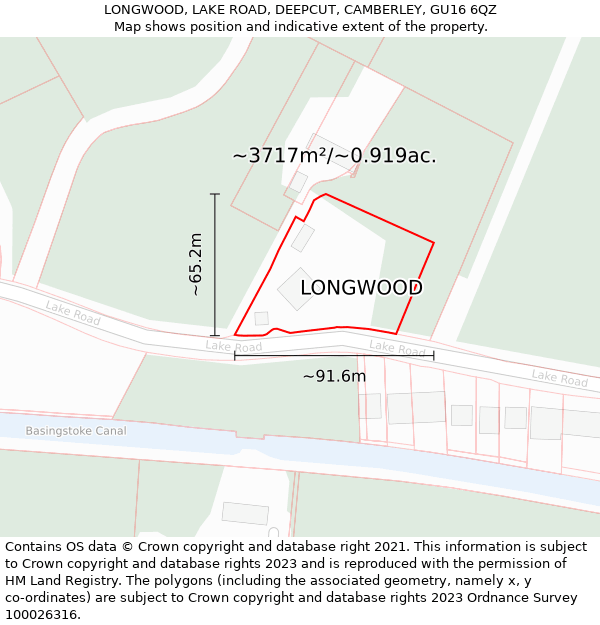 LONGWOOD, LAKE ROAD, DEEPCUT, CAMBERLEY, GU16 6QZ: Plot and title map